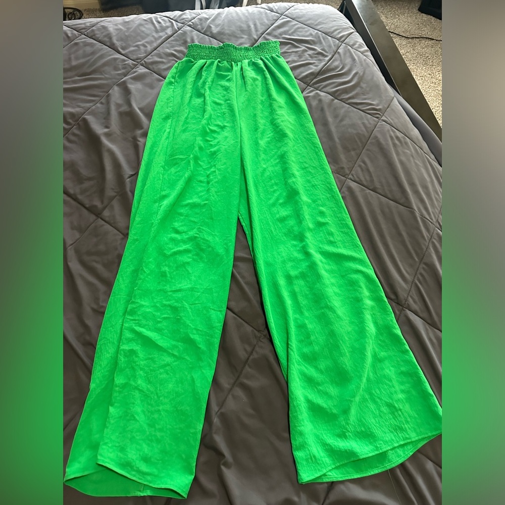 Green Wide Leg Textured Pant/Green/Large